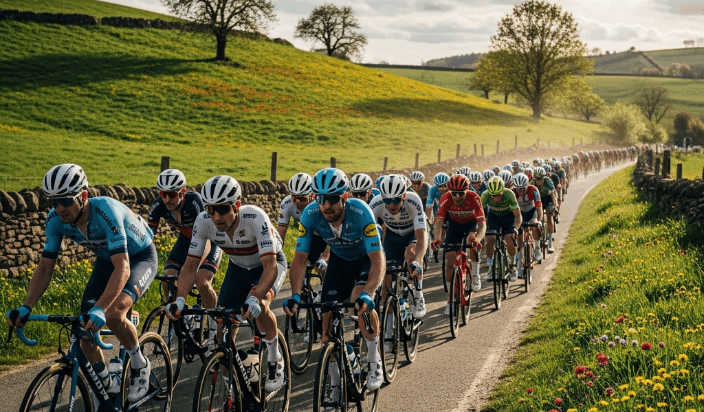 professional cycling peloton racing through spring countryside