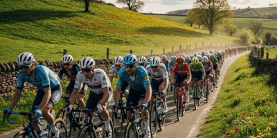 professional cycling peloton racing through spring countryside