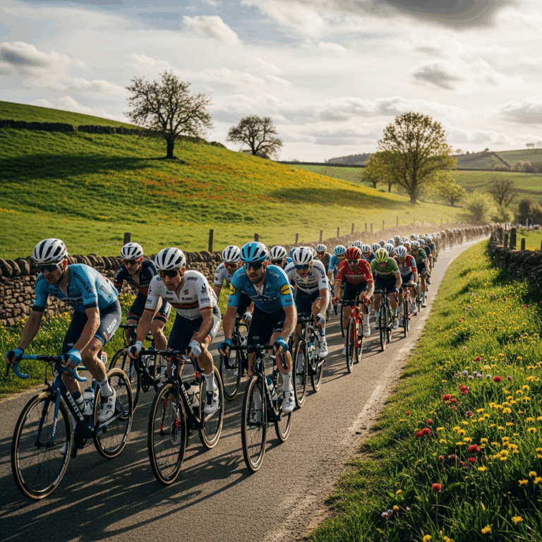 professional cycling peloton racing through spring countryside